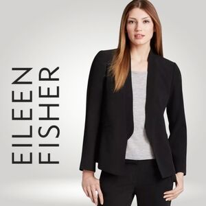 Eileen Fisher Black Tropical Suiting Stand Collar Shaped Jack Open Front Jacket